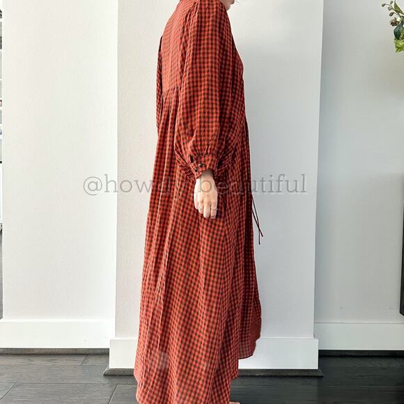 MR. LARKIN Checkered Burnt Orange Balloon Sleeves Maxi Dress - Picture 5 of 10